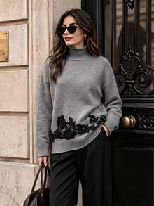 LUMIGAL Sweater Wanita Kasual Serbaguna untuk Komuter, Model Kerah Tinggi, Bahu Longgar, Lengan Panjang, Warna Hitam, Patchwork Renda, dan Hem Bergaris. - Grey - View 6