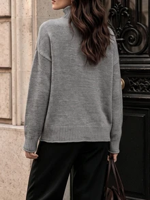 LUMIGAL Sweater Wanita Kasual Serbaguna untuk Komuter, Model Kerah Tinggi, Bahu Longgar, Lengan Panjang, Warna Hitam, Patchwork Renda, dan Hem Bergaris. - Grey - View 2