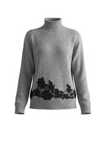 LUMIGAL Sweater Wanita Kasual Serbaguna untuk Komuter, Model Kerah Tinggi, Bahu Longgar, Lengan Panjang, Warna Hitam, Patchwork Renda, dan Hem Bergaris. - Grey - View 3