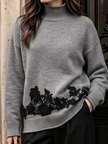 LUMIGAL Sweater Wanita Kasual Serbaguna untuk Komuter, Model Kerah Tinggi, Bahu Longgar, Lengan Panjang, Warna Hitam, Patchwork Renda, dan Hem Bergaris. - Grey - View 5