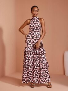JIAN LASALA Gaun Rajut Motif Bunga Tanpa Lengan Model Bahu Terbuka Leher Halter Dua Lapis Elegan untuk Liburan - MultiWarna - View 5