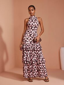 JIAN LASALA Gaun Rajut Motif Bunga Tanpa Lengan Model Bahu Terbuka Leher Halter Dua Lapis Elegan untuk Liburan - MultiWarna - View 3