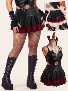 Comfortcana Plus Size Plaid Patchwork Black Skirt Halloween Party Cocktail Vacation Autumn Goth Grunge Casual - Multicolor - View 5