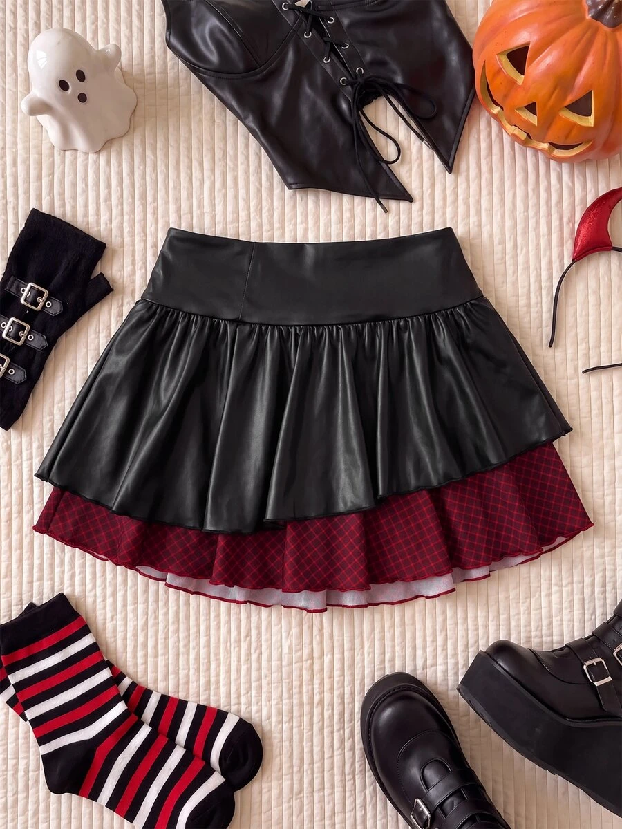 Comfortcana Plus Size Plaid Patchwork Black Skirt Halloween Party Cocktail Vacation Autumn Goth Grunge Casual - Multicolor - View 1