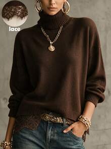 SHEIN Brown Turtleneck Knit Sweater Lace Hem Patchwork Long Sleeve Top - Brown - View 3