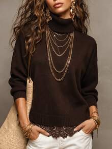 SHEIN Brown Turtleneck Knit Sweater Lace Hem Patchwork Long Sleeve Top - Brown - View 6