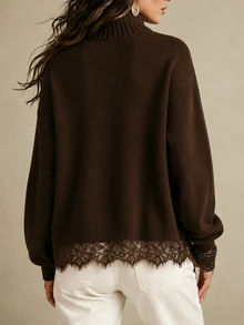 SHEIN Brown Turtleneck Knit Sweater Lace Hem Patchwork Long Sleeve Top - Brown - View 2