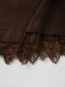 SHEIN Brown Turtleneck Knit Sweater Lace Hem Patchwork Long Sleeve Top - Brown - View 4