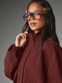 MISSGUIDED Oversized Zip-Up Bomber Jacket With Elasticated Cuffs High Neck Collar And Balloon Sleeves In Woven Fabric - Red - View 2