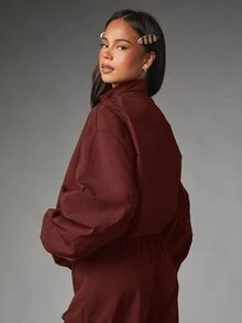 MISSGUIDED Oversized Zip-Up Bomber Jacket With Elasticated Cuffs High Neck Collar And Balloon Sleeves In Woven Fabric - Red - View 4