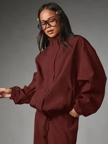 MISSGUIDED Oversized Zip-Up Bomber Jacket With Elasticated Cuffs High Neck Collar And Balloon Sleeves In Woven Fabric - Red - View 1
