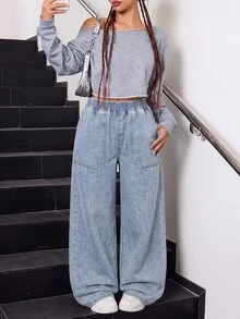 SHEIN 青少年女孩 Y2K 休閒彈性腰鬆緊抽繩設計淺藍色寬鬆舒適牛仔褲 - 藍色 - 查看 8