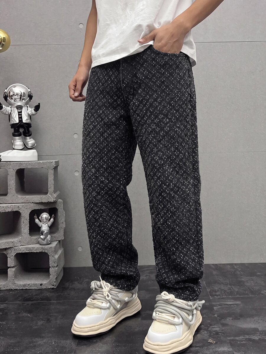 青少年男孩時尚休閒布料紋理設計黑色丹寧寬鬆舒適牛仔褲 - 黑色 - 查看 1