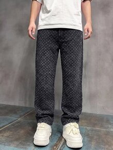 青少年男孩時尚休閒布料紋理設計黑色丹寧寬鬆舒適牛仔褲 - 黑色 - 查看 3