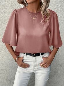 Medorina Solid Color Casual Medium Sleeve Shirt - Dusty Pink - View 6