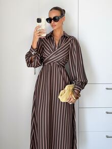 Siren Gaze Women's Fashion Commuter Work Date Office Brunch Brunch Brown Stripe Lantern Sleeve Dress Fall Elegant Casual - Chocolate Brown - View 8