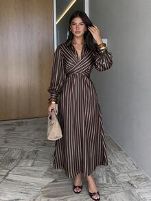 Siren Gaze Women's Fashion Commuter Work Date Office Brunch Brunch Brown Stripe Lantern Sleeve Dress Fall Elegant Casual - Chocolate Brown - View 1
