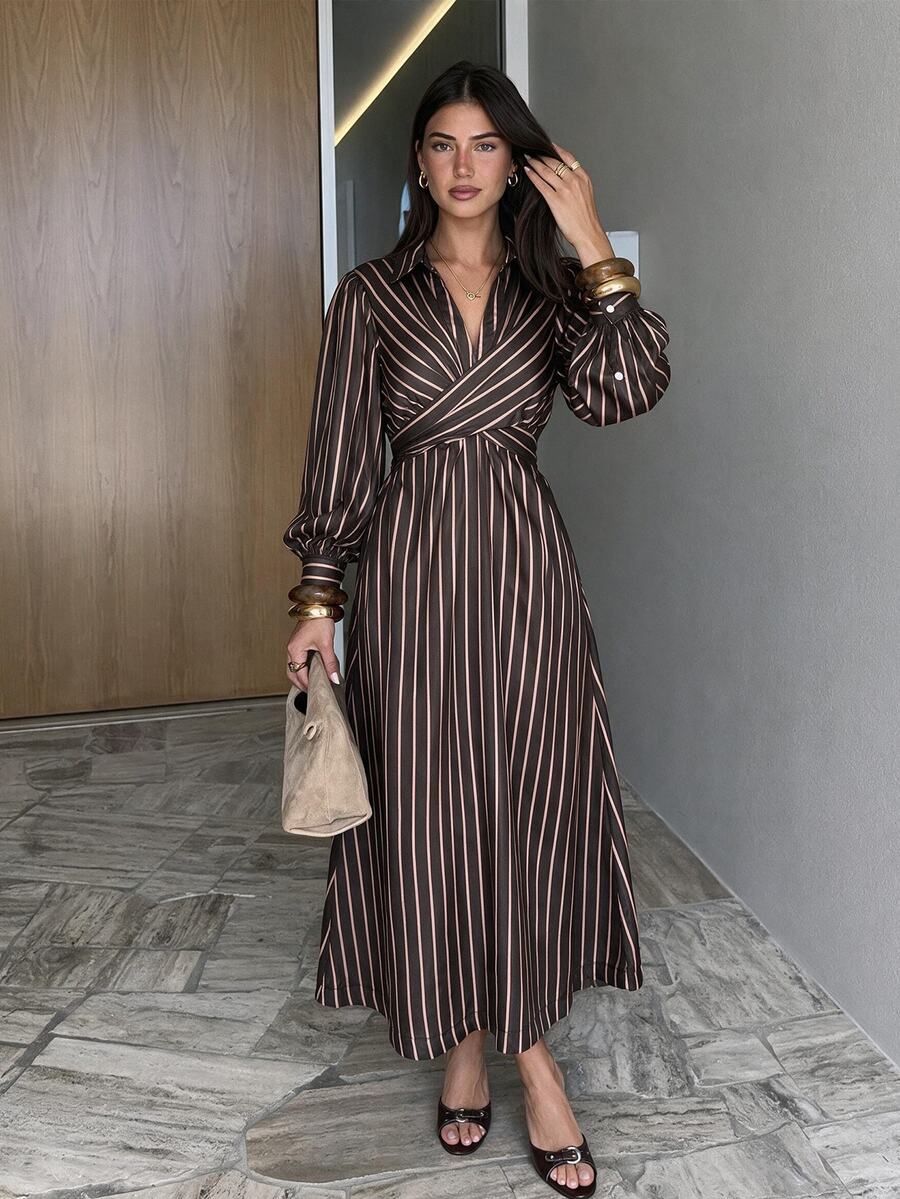 Siren Gaze Women's Fashion Commuter Work Date Office Brunch Brunch Brown Stripe Lantern Sleeve Dress Fall Elegant Casual - Chocolate Brown - View 1