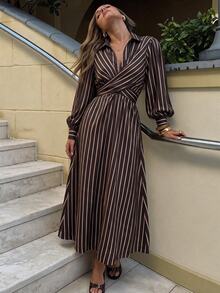 Siren Gaze Women's Fashion Commuter Work Date Office Brunch Brunch Brown Stripe Lantern Sleeve Dress Fall Elegant Casual - Chocolate Brown - View 4
