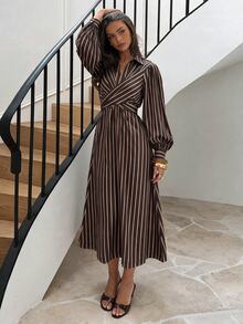 Siren Gaze Women's Fashion Commuter Work Date Office Brunch Brunch Brown Stripe Lantern Sleeve Dress Fall Elegant Casual - Chocolate Brown - View 2