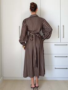 Siren Gaze Women's Fashion Commuter Work Date Office Brunch Brunch Brown Stripe Lantern Sleeve Dress Fall Elegant Casual - Chocolate Brown - View 9