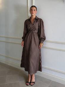 Siren Gaze Women's Fashion Commuter Work Date Office Brunch Brunch Brown Stripe Lantern Sleeve Dress Fall Elegant Casual - Chocolate Brown - View 7