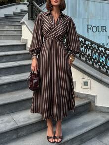 Siren Gaze Women's Fashion Commuter Work Date Office Brunch Brunch Brown Stripe Lantern Sleeve Dress Fall Elegant Casual - Chocolate Brown - View 6