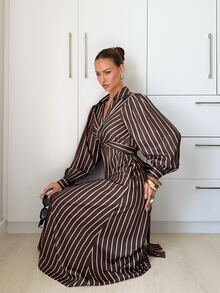 Siren Gaze Women's Fashion Commuter Work Date Office Brunch Brunch Brown Stripe Lantern Sleeve Dress Fall Elegant Casual - Chocolate Brown - View 5