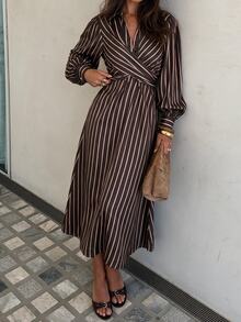 Siren Gaze Women's Fashion Commuter Work Date Office Brunch Brunch Brown Stripe Lantern Sleeve Dress Fall Elegant Casual - Chocolate Brown - View 3