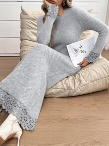 SHEIN Gaun Rajut Kait Bunga Lengan Panjang Kerah Bulat Musim Gugur/Dingin - Grey - View 6