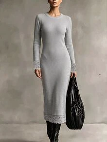 SHEIN Gaun Rajut Kait Bunga Lengan Panjang Kerah Bulat Musim Gugur/Dingin - Grey - View 1