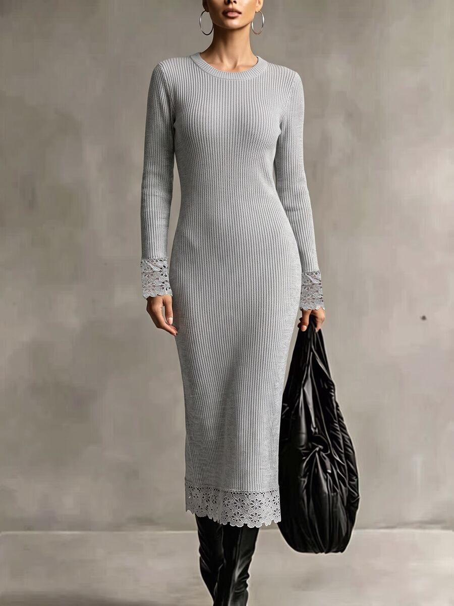 SHEIN Gaun Rajut Kait Bunga Lengan Panjang Kerah Bulat Musim Gugur/Dingin - Grey - View 1