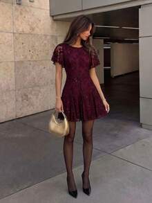 Firerie Women's Jacquard Round Neck Ruffle Short Sleeve Elegant Short Dress - Red Violet - View 1