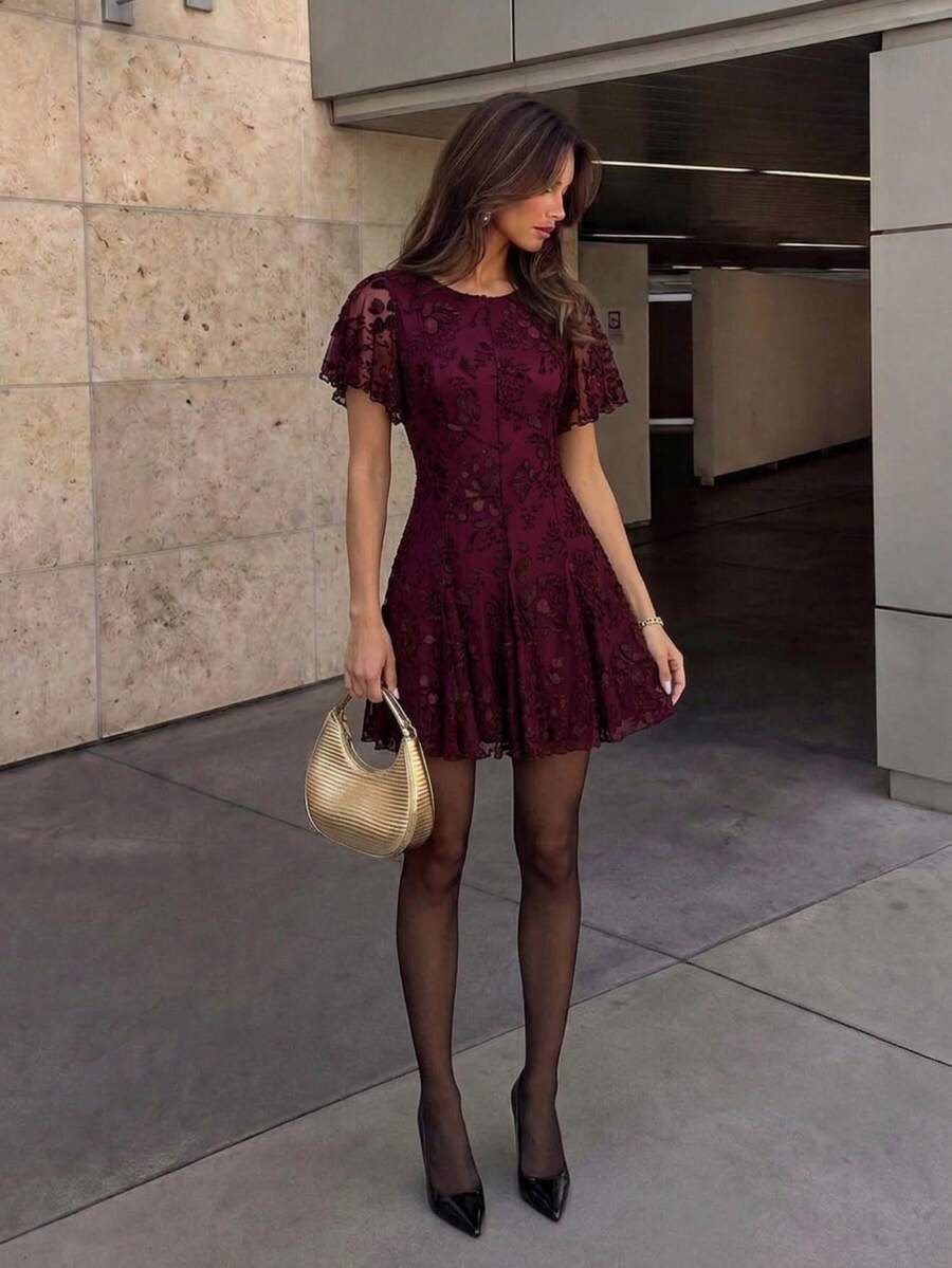 Firerie Women's Jacquard Round Neck Ruffle Short Sleeve Elegant Short Dress - Red Violet - View 1