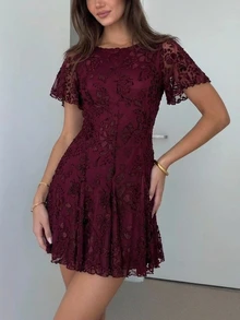 Firerie Women's Jacquard Round Neck Ruffle Short Sleeve Elegant Short Dress - Red Violet - View 4