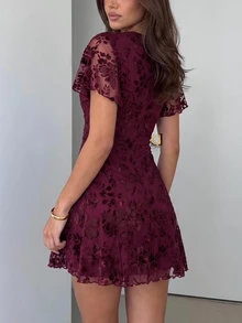 Firerie Women's Jacquard Round Neck Ruffle Short Sleeve Elegant Short Dress - Red Violet - View 2