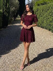 Firerie Women's Jacquard Round Neck Ruffle Short Sleeve Elegant Short Dress - Red Violet - View 6