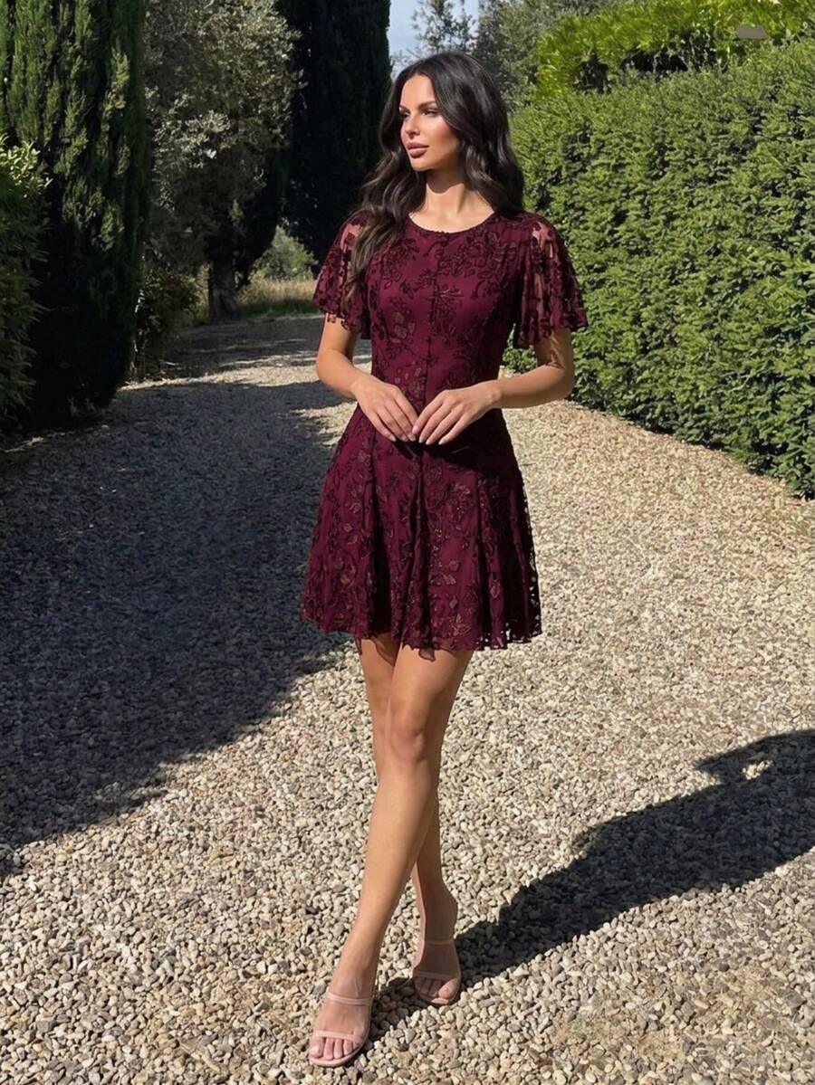 Firerie Women's Jacquard Round Neck Ruffle Short Sleeve Elegant Short Dress - Red Violet - View 1