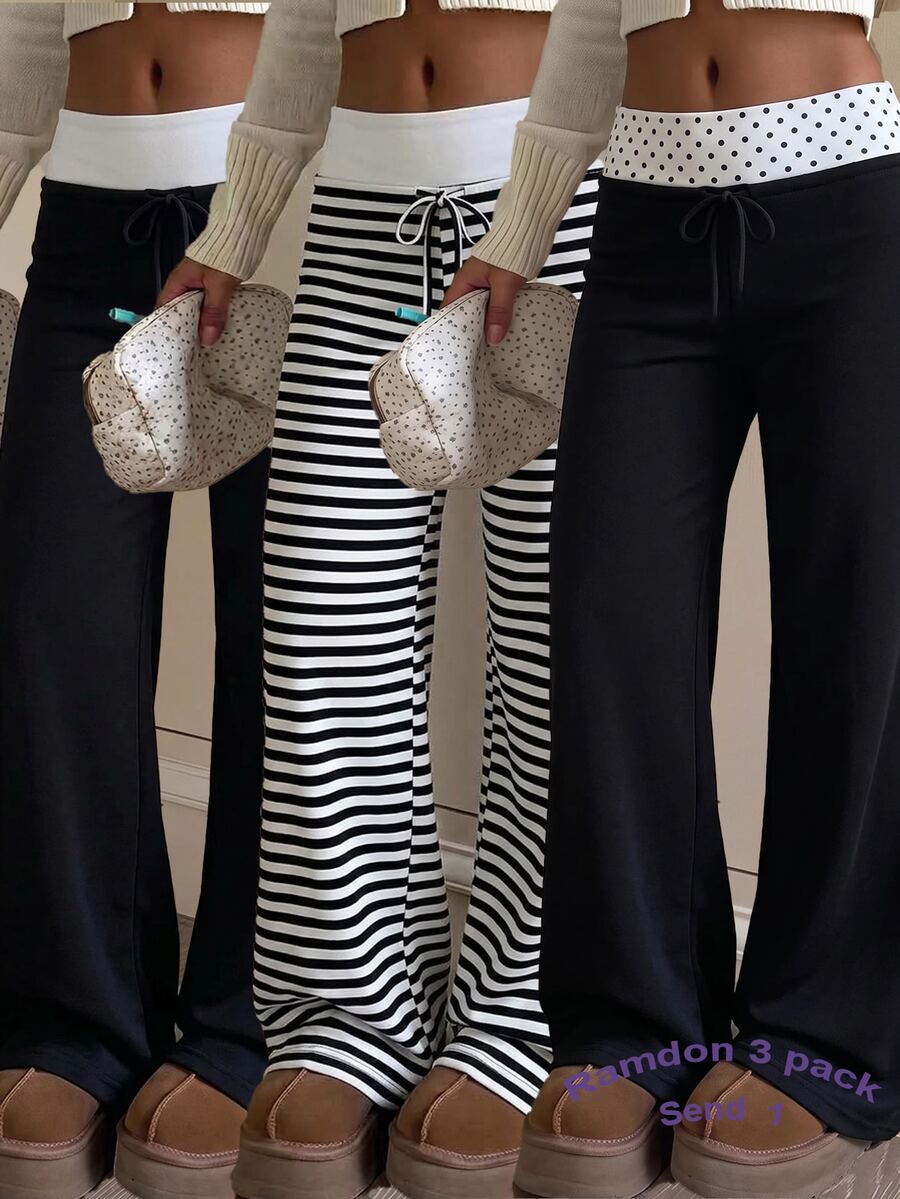 SHEIN Teen Girl Teen Girls Grey Knit Drawstring Casual Long Pants - Black and White - View 1