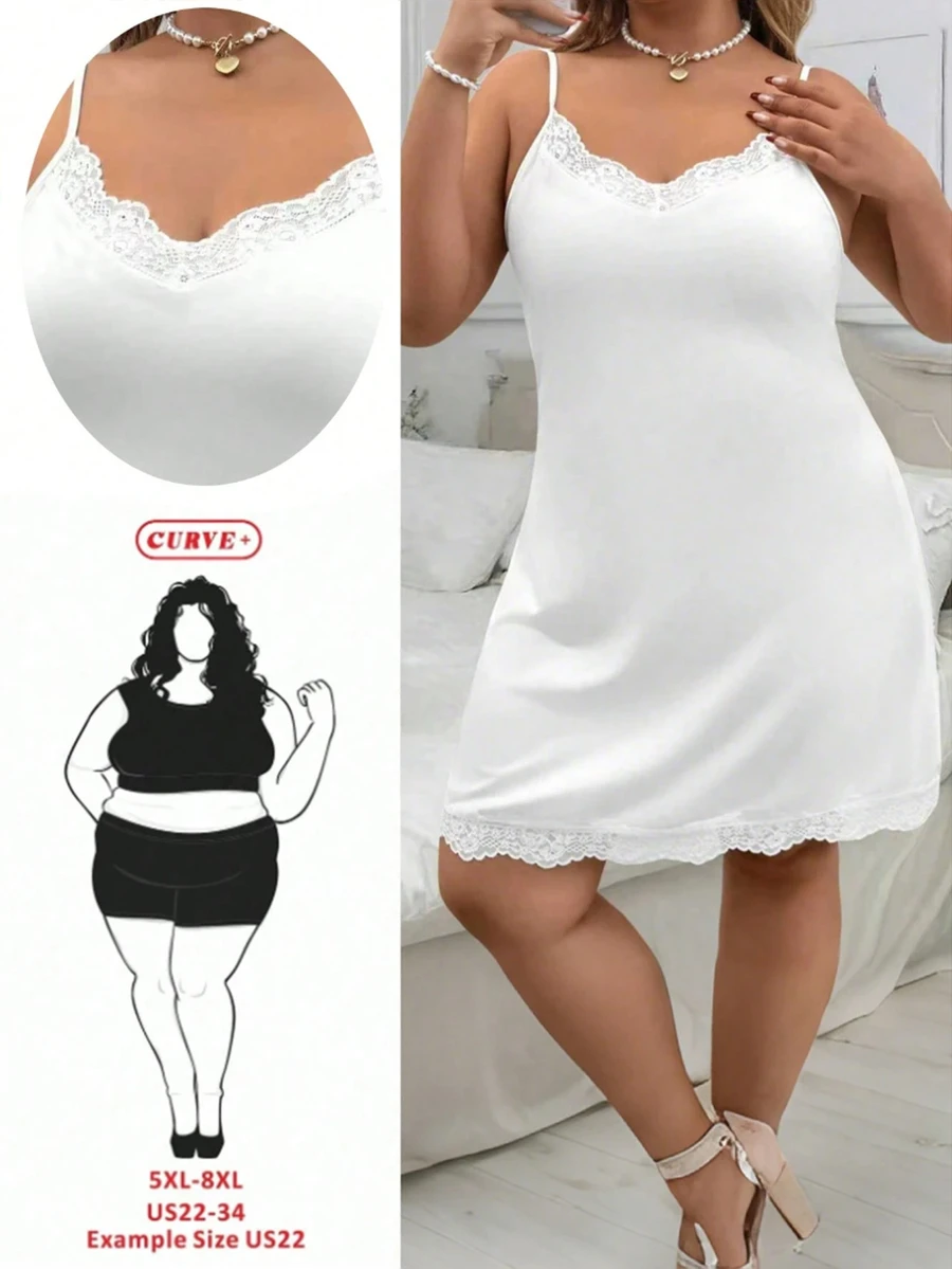 SHEIN CURVE+ Plus Size Women's Elegant Lace Patchwork Waist Dress, Spring/Summer - White - View 1