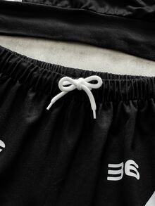 青少年男孩拼色拼接運動衫與長褲套裝，對比迷彩拼接長袖上衣，秋冬街頭風運動服 - 黑色 - 查看 5