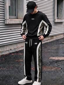 青少年男孩拼色拼接運動衫與長褲套裝，對比迷彩拼接長袖上衣，秋冬街頭風運動服 - 黑色 - 查看 1