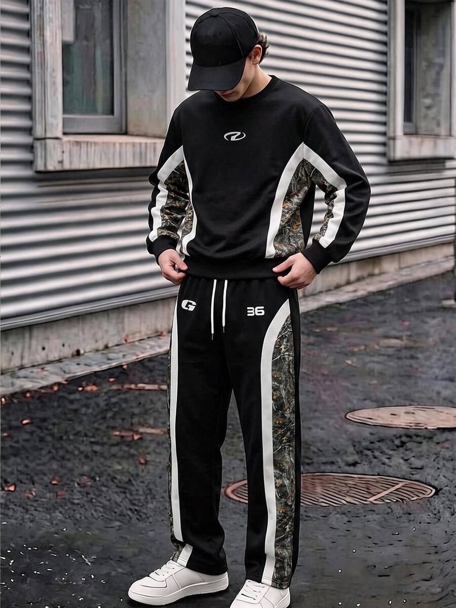 青少年男孩拼色拼接運動衫與長褲套裝,對比迷彩拼接長袖上衣,秋冬街頭風運動服 - 黑色 - 查看 1