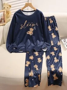 女童時尚可愛長袖上衣與長褲兩件套，熊圖案印花，舒適牛奶絲面料 - 藏蓝色 - 查看 3