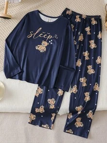 女童時尚可愛長袖上衣與長褲兩件套，熊圖案印花，舒適牛奶絲面料 - 藏蓝色 - 查看 6