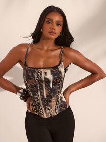 Opulessa Tank Top Wanita Seksi dengan Motif Leopard dan Tali Bahu Motif Tulang Ikan, Terbuat dari Renda dan Patchwork - Coklat - View 2