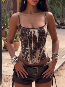 Opulessa Tank Top Wanita Seksi dengan Motif Leopard dan Tali Bahu Motif Tulang Ikan, Terbuat dari Renda dan Patchwork - Coklat - View 8