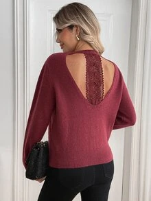 Breezaya Women's Round Neck Long Sleeve Solid Color Fashion Lace Backless Basic Sweater - Burgundy - View 4