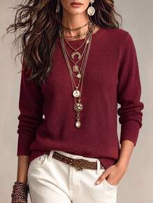 Breezaya Women's Round Neck Long Sleeve Solid Color Fashion Lace Backless Basic Sweater - Burgundy - View 1