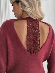 Breezaya Women's Round Neck Long Sleeve Solid Color Fashion Lace Backless Basic Sweater - Burgundy - View 2